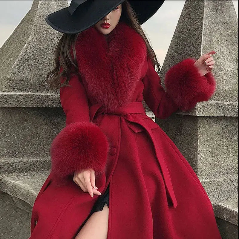 Winter 2025 Woolen Coat For Women Mid-Length Tie Slimming Fashionable Elegant Evening Dress Artificial Fur Collar Coats Female